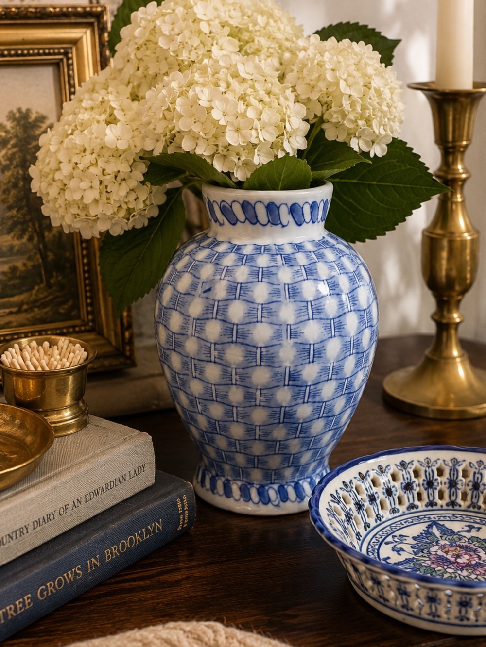 Blue & White Chinoiserie Basketweave Ginger Jar Vase Grandmillennial Decor